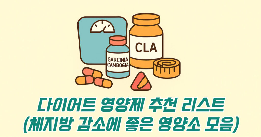 다이어트 영양제 추천 이미지 – CLA, 가르시니아, 피로회복제 포함