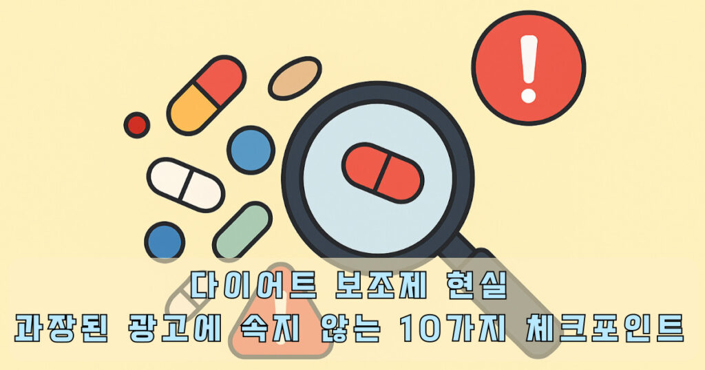 다이어트 보조제 현실을 표현하는 약들과 돋보기 일러스트