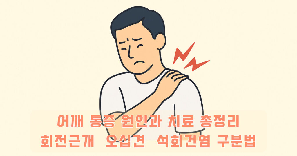어깨 통증 부위를 짚는 사람의 상반신 일러스트