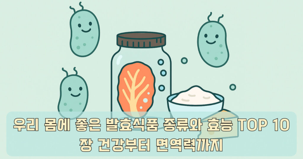 발효식품 종류와 효능을 나타내는 일러스트 – 건강 식재료 조합 이미지