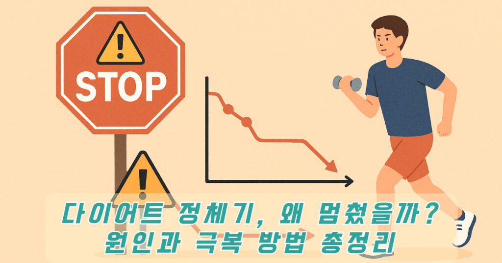 다이어트 정체기를 나타내는 그래프 표시와 운동하는 사람 일러스트 이미지