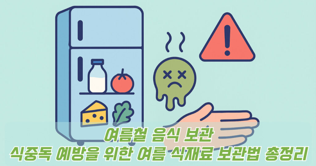 여름철 음식 보관 방법과 관련된 냉장고 일러스트 이미지