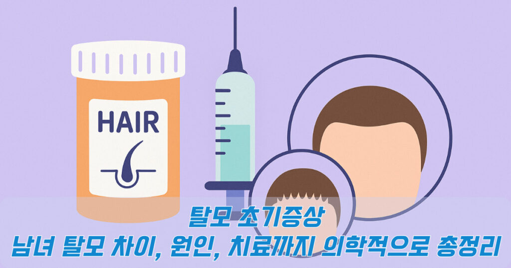탈모 초기증상을 표현하는 헤어라인 및 두피주사기 일러스트 이미지