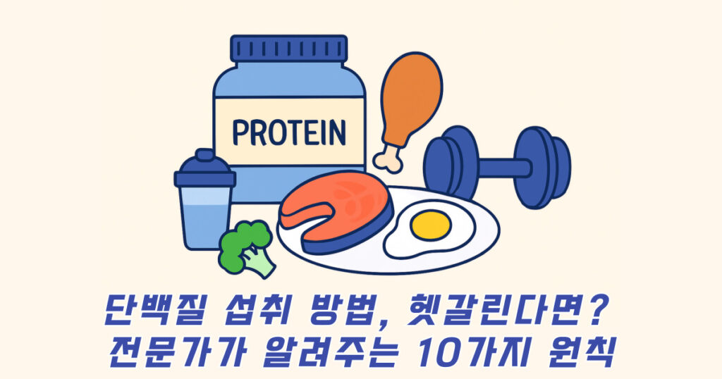 단백질 섭취 방법 관련된 단백질 파우더 및 음식 일러스트