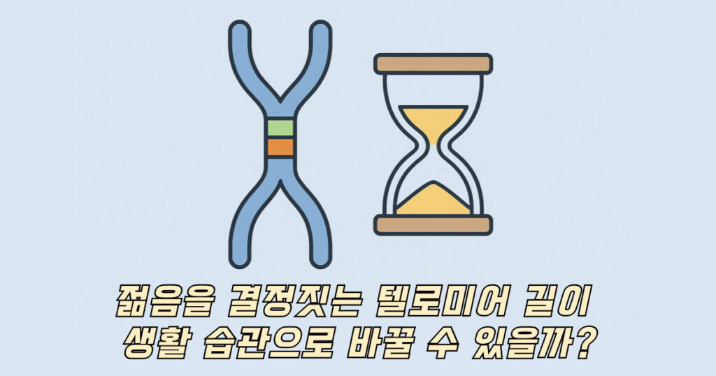 텔로미어 길이와 모래시계가 놓여있는 일러스트 이미지