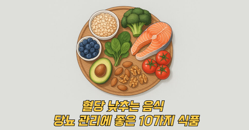 혈당 낮추는 음식들이 테이블에 모여있는 일러스트 이미지